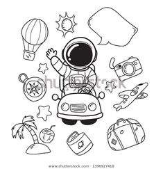 an astronaut is flying in the sky with other objects around him