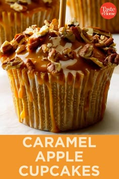 caramel apple cupcakes with pecans and walnuts on top are the perfect fall dessert