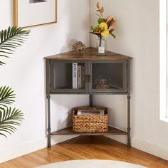 a corner shelf with a basket and flowers on top