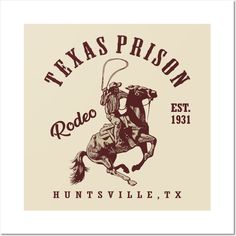 the texas prison rodeo logo is shown in brown and white, with an image of a cowboy