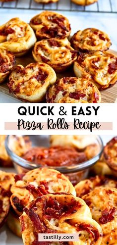 pizza rolls are stacked on top of each other with the words quick and easy pizza rolls recipe