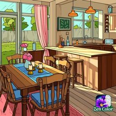 a cartoon kitchen with an island and dining table in the foreground, windows to the back yard