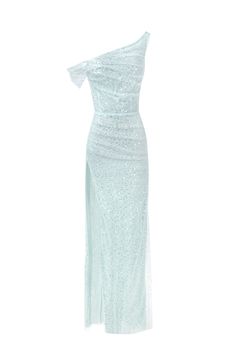 Semi-transparent shiny maxi dress in mint color. Cut from a semi-sheer lace covered in sequins, the design is made to a fluid silhouette and has a draped bodice, asymmetric straps, and a straight maxi skirt with a daring side slit. Details: Material: Lace with sequins Fabric composition: 100% polyester Sleeve style: Asymetrical straps Silhouette: Fitted Skirt length from waist: 42.5 inches / 108 cm Dress weight: 1.1 lbs / 0.5 kg Neckline: Draped, one-shoulder Back: Open-back Lining: Semi-transpa Milla Dresses, Straight Maxi Skirt, Sequins Fabric, Dress Weights, American Fashion Designers, Dress Inspo, Silk Slip Dress, Feather Dress, Silk Slip