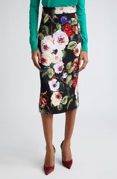 Dolce&Gabbana Floral Print Charmeuse Pencil Skirt | Nordstrom Charmeuse Dress, Christmas Day Outfit, Garden Vines, Floral Pencil Skirt, Stretch Pencil Skirt, Wool Pencil Skirt, Printed Pencil Skirt, Interview Outfit, Crochet Skirt