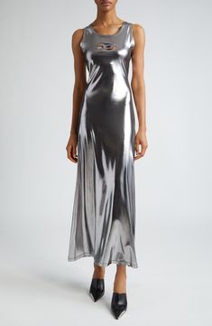 Metallic Slip Dress For Summer Evenings, Metallic Slip Dress For Summer Night Out, Silver Slip Dress For Night Out, Metallic Sleeveless Slip Dress For Night Out, Glamorous Metallic Slip Dress, Metallic Fitted Slip Dress For Summer, Metallic Fitted Slip Dress For Night Out, Silver Fitted Slip Dress For Night Out, Metallic Fitted Slip Dress For Party