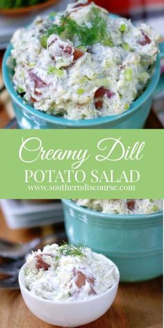 two bowls filled with potato salad on top of a wooden table