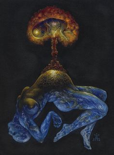 a painting of two people hugging each other with an exploding object in the middle of them