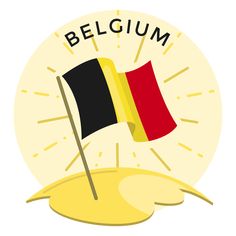 the belgium flag is flying in front of an emblem that says belgium on it's side