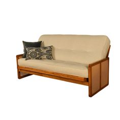 a wooden couch with two pillows on it's back and one pillow sitting on top of it