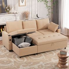 a living room scene with focus on the sectional sofa and storage compartment for items in it