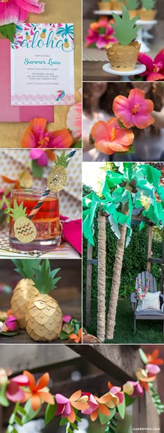 this is a collage of photos with flowers and pineapples on them,