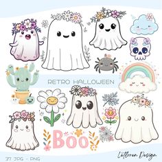 cute ghost clipart set with flowers, clouds, and other items for halloween decorations