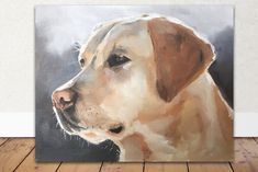 a painting of a brown and white dog