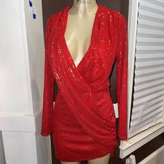 This Is A Brand New Sequin Dress With A Deep V Plunge Neck Line . Chic V-neck Dress For Holiday Party, Red V-neck Mini Dress For Holiday, Red V-neck Mini Dress For Party Season, Long Sleeve Mini Dress For Christmas Night Out, Christmas Long Sleeve Mini Dress For Night Out, Flirty V-neck Mini Dress For Holiday, Christmas Long Sleeve Mini Dress For Date Night, Festive Holiday V-neck Dress, Festive V-neck Mini Dress For Party Season