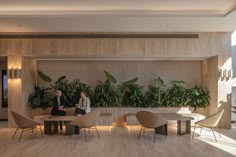 two people sitting at a table in an office with potted plants on the wall