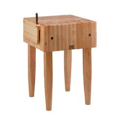 a small wooden stool with a drawer on the bottom and legs that have holes in it