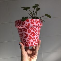 a hand holding up a paper cup with a plant in it and hearts on the inside