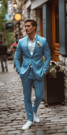 Dti Outfits Wedding Day For Men: Summer Style White And Blue Groom Suit, Light Blue Vest Outfit Men, Ocean Blue Suit Men, White And Light Blue Tuxedo, Suit And White Sneakers, Luxury Light Blue Suit, Light Blue Suit Men, Men’s Light Blue Suit, Blue Vest Outfit Men