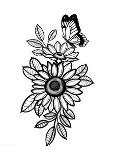 a black and white drawing of a sunflower with two butterflies on top of it