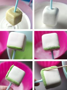 four different pictures of marshmallows on a stick