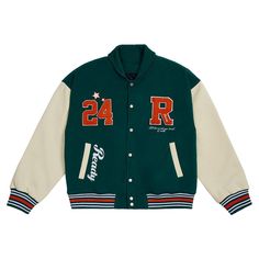 This unisex Ready varsity jacket is a long-lasting garment suitable for everyday use. It has a relaxed fit with embroidery on the front and back. Shop high-quality vintage baseball jackets. Green Varsity Jacket, Baseball Jacket Men, Varsity Jacket Women, College Jackets, Streetwear Jackets, Unique Jackets, Baseball Varsity Jacket, Baseball Jacket, Sports Jacket