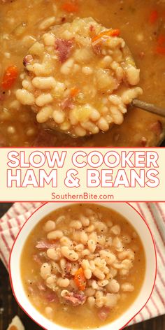 slow cooker ham and beans soup in a bowl