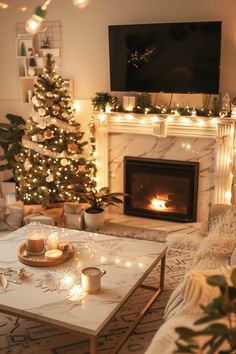 a living room filled with furniture and a fire place in front of a christmas tree