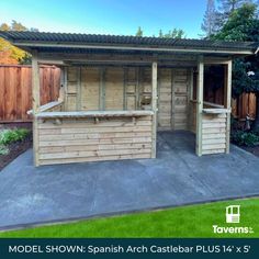 a wooden shed with an outdoor hot tub in the middle of it and text model show spanish arch castebar plus 4x4