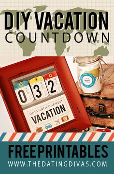 an old suitcase with the words diy vacation countdown written on it next to a map