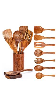 wooden utensils and spoons are arranged in a cup