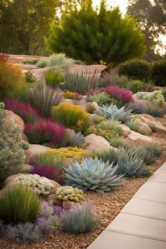 A beautiful, lush front yard landscape featuring a variety of drought-resistant succulents, grasses, and other vibrant plants arranged in an eye-catching, layered design. Dry Garden Landscaping, Sun Landscaping Ideas, Texas Native Plants Landscaping, Texas Landscaping Front Yard, Tuscan Landscape Design, Hillside Landscaping Ideas, Drought Tolerant Landscape Design, Drought Tolerant Landscape Front Yard, Landscape Front Yard