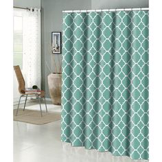 a shower curtain with an aqua and white pattern