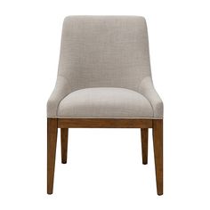 a beige upholstered chair with wooden legs and backrests on an isolated white background