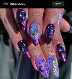 Summer Witch Nails, Cosmic Nail Art, Studio Nail Art, Witchy Nail Art, Celestial Nail Art, Tattoo Nail Art, Mystic Nails, Cosmic Nails, Witch Nails