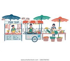 an outdoor food cart with umbrellas and people sitting at the table in front of it