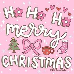 a pink christmas card with the words, ho ho merry christmas and two coffee mugs