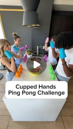 people are gathered around a table with cups on it and the words cupped hands ping pong challenge