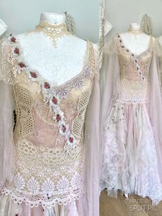 two pictures of dresses on mannequins, one in pink and the other in white