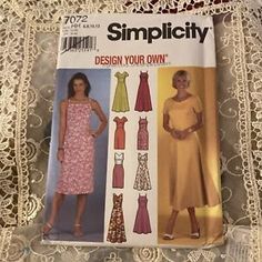 an image of a woman's dress sewing pattern on a lace tablecloth with the words simpl city written below it