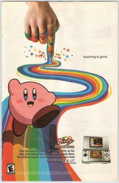 an advertisement for the nintendo wii game, featuring a hand holding a rainbow colored object