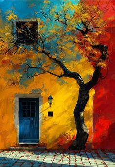 a painting of a tree in front of a yellow building with a blue door and window