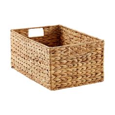 a square basket with a metal handle on the top and bottom, made out of woven material