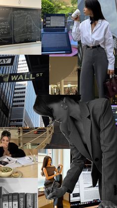 a collage of photos with people in business attire and writing on blackboard behind them