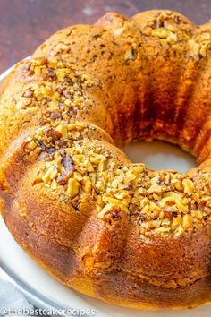 a bundt cake on a white plate topped with nuts