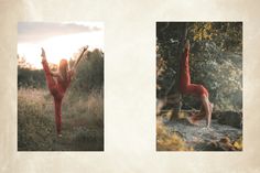 two pictures of a woman doing yoga in the woods, one with her hands up