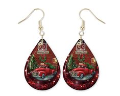 "Christmas Red Pickup Truk Teardrop Earrings Earrings are made of hardboard with a glossy surface Design is heat pressed onto the hardboard surface The teardrops are 1.5\" long, 1\" wide and 1/8\" thick Hardware as shown - these have a gold color earwire Includes fishhook earwires with rubber earrring stoppers Hand printed, pressed and assembled." Dangle Belly Rings, Red Pendants, Holiday Earrings, Teardrop Dangle Earrings, Christmas Truck, Earrings Christmas, Holiday Earring, Gold Earrings Designs, Hippie Jewelry