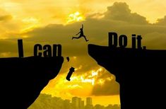 a person jumping off the edge of a cliff into the sky with words that read i can do it