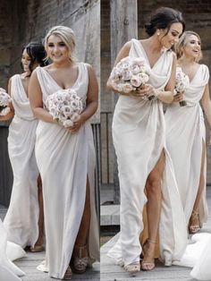 two bridesmaids in white dresses and one is holding her bouquet while the other looks on