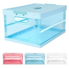 three plastic storage boxes with lids and dividers on each side, one for storing items