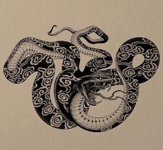 a black and white drawing of a snake with swirls on it's back